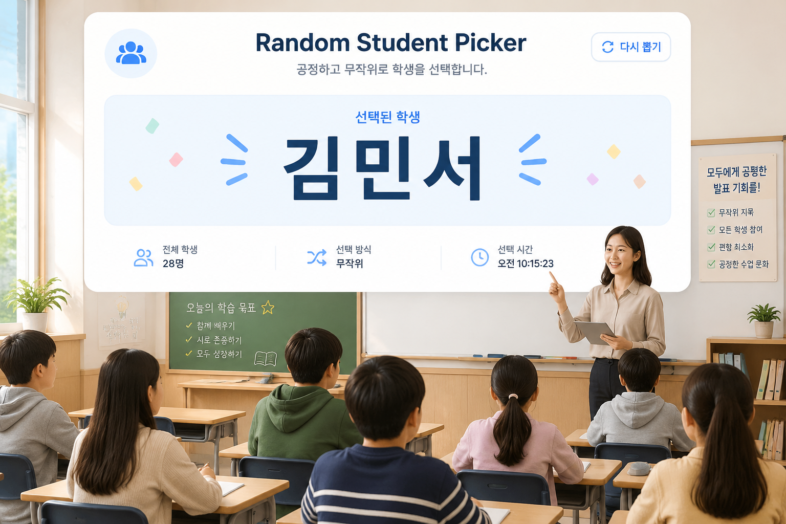 Random Student Picker 웹 화면에서 무작위로 선택된 학생 이름이 크게 표시되고, 아래에는 교실 풍경이 배경으로 깔린 구성