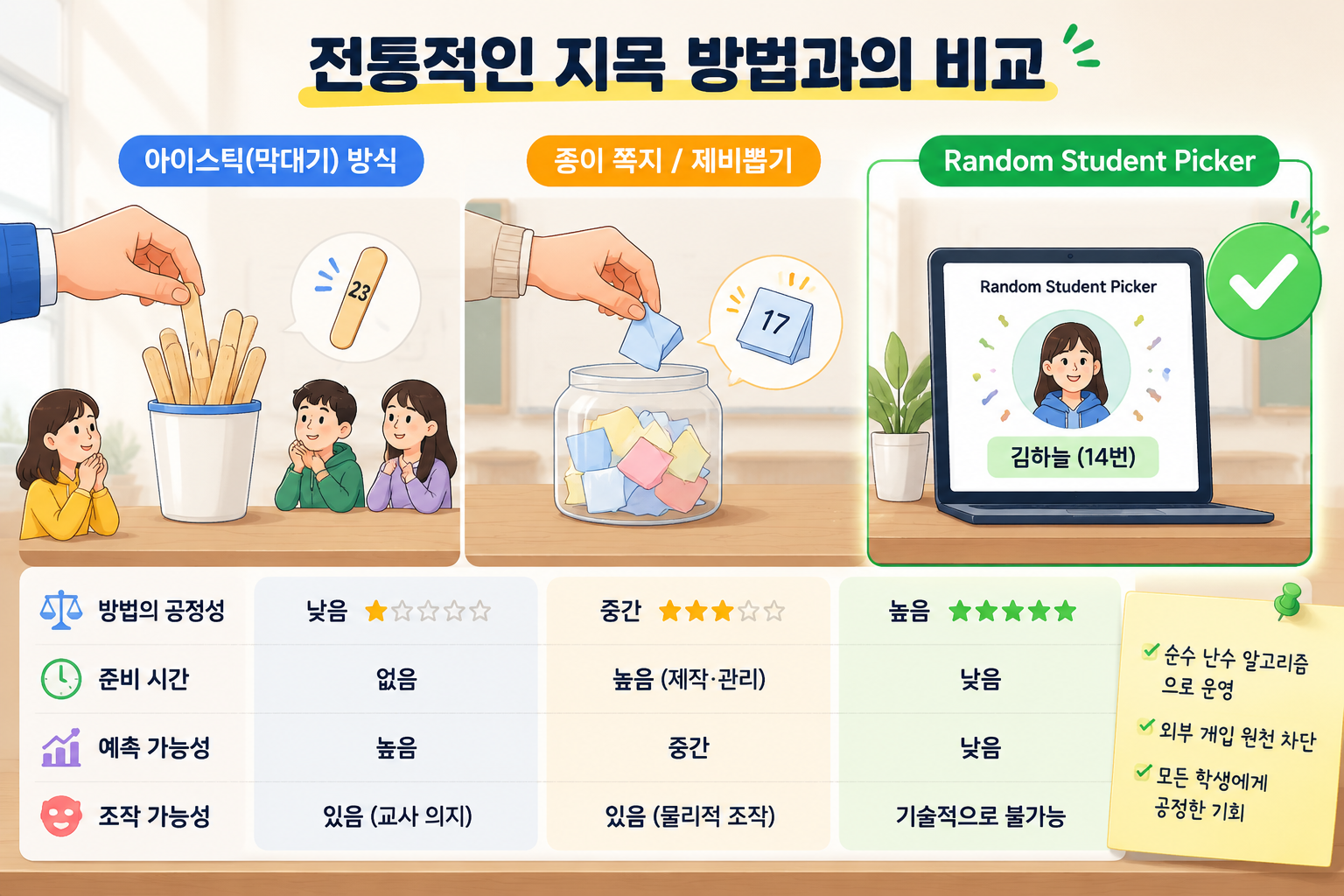 아이스틱, 종이 쪽지, 디지털 피커 세 가지 방법을 비교하는 일러스트레이션, 디지털 피커에 초록색 체크 표시