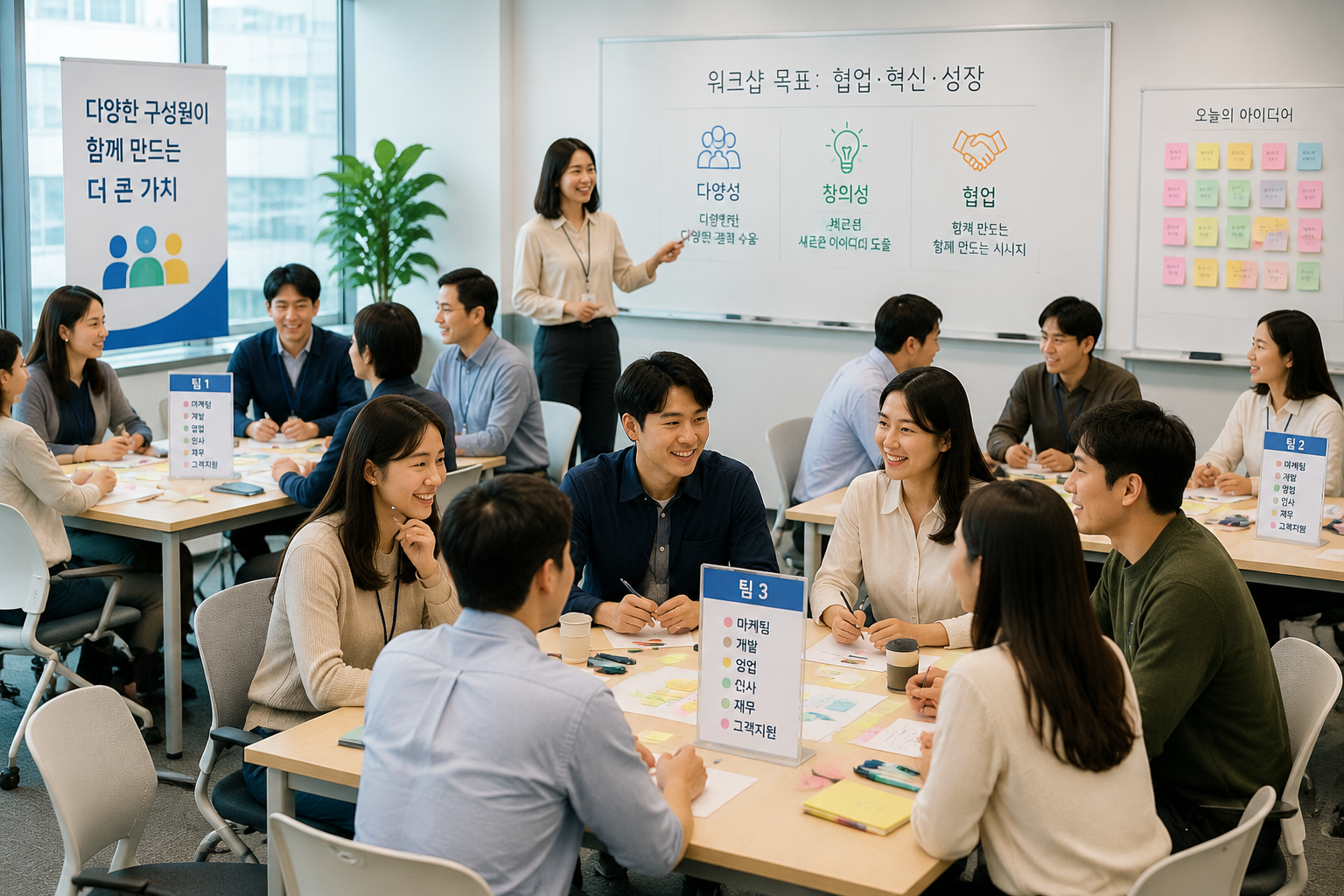기업 교육 워크샵에서 다양한 부서의 참가자들이 무작위로 팀을 구성하는 모습. 현대적인 사무실 공간, 밝은 조명, 화이트보드와 포스트잇이 있는 협업 분위기.