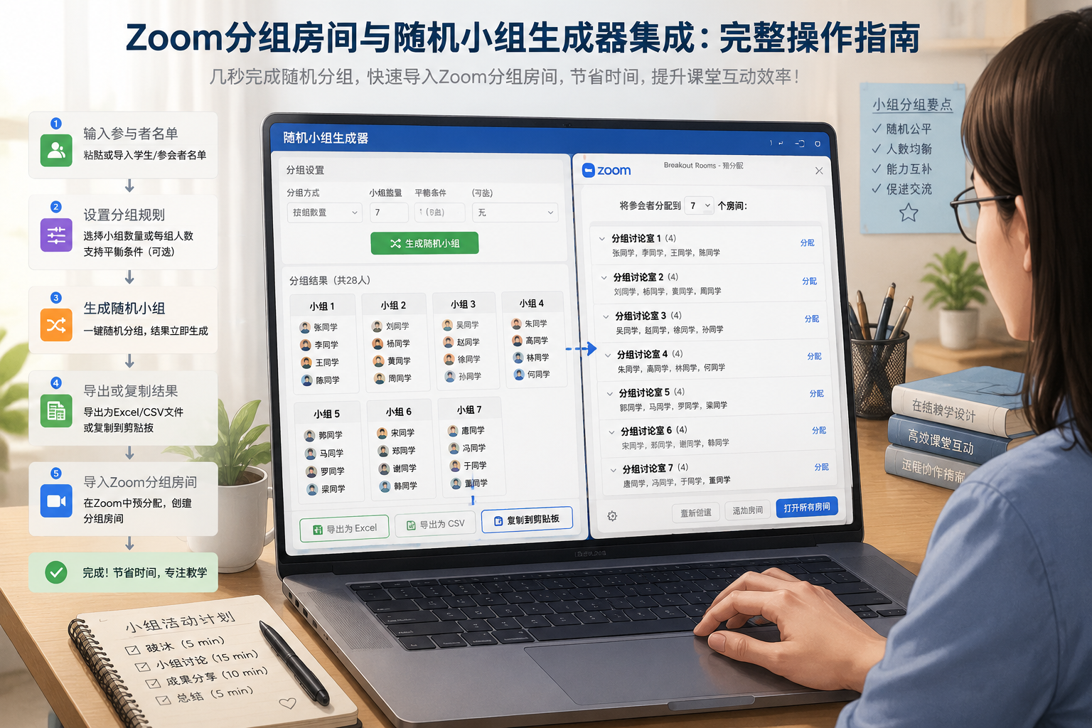 一位教师正在电脑前使用随机小组生成器界面，屏幕上同时显示Zoom分组房间设置窗口，整洁的网页插图风格，柔和的光线，突出分组操作流程。
