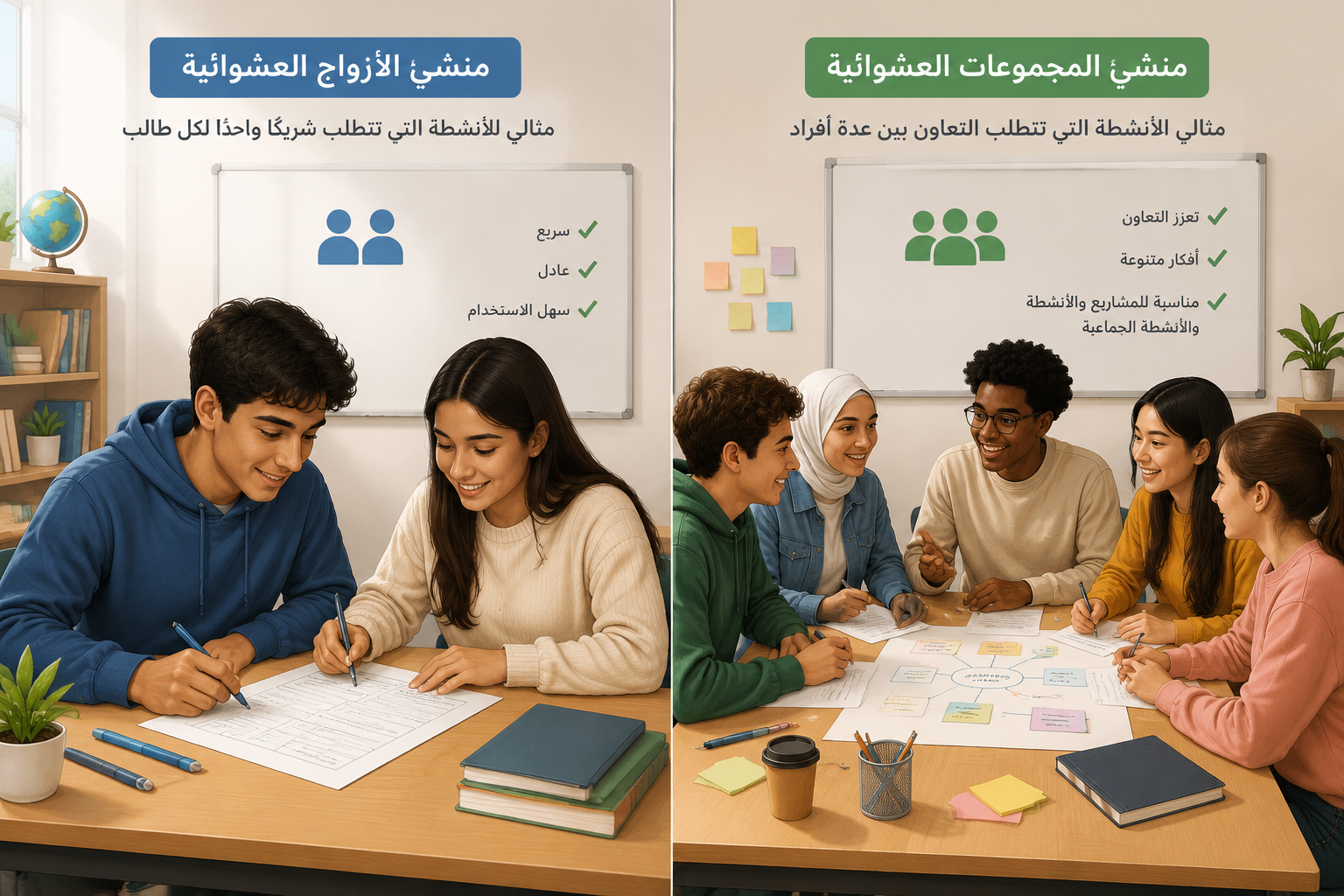 Side-by-side illustration showing a classroom scene: on the left, two students paired together working on a worksheet; on the right, a small group of five students collaborating around a table, with a subtle dividing line between them.