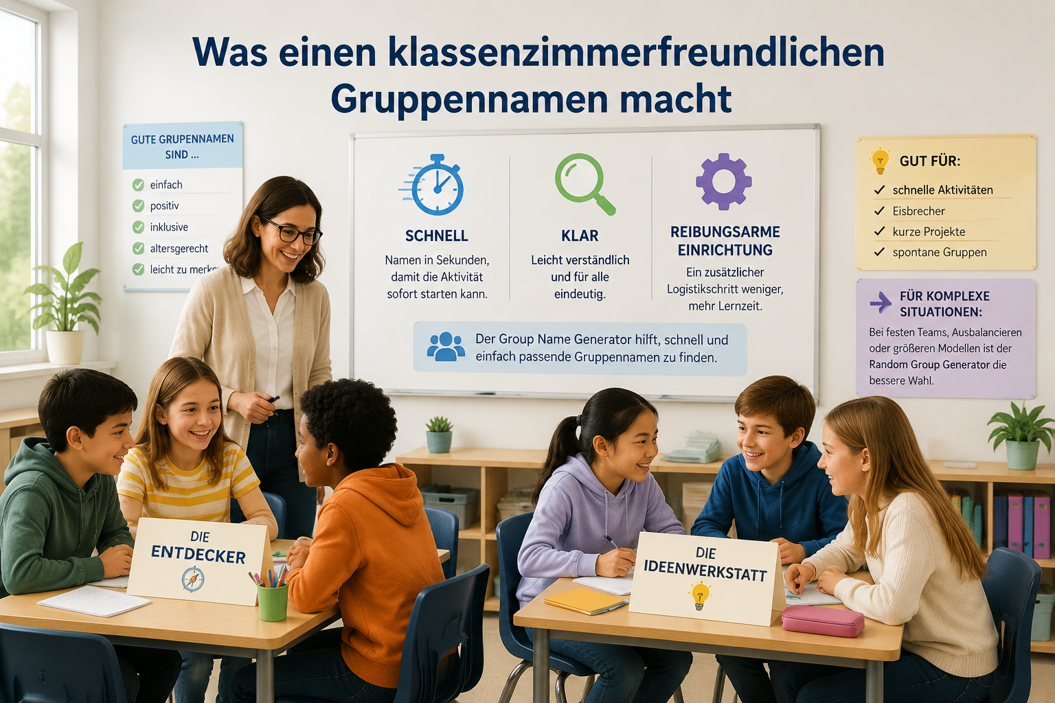 editorial article hero illustration about Was einen klassenzimmerfreundlichen Gruppennamen macht. Section context: Der Group Name Generator ist am stärksten, wenn die Aufgabe von Geschwindigkeit, Klarheit und einer reibungsarmen Einrichtung abhängt. Er beseiti