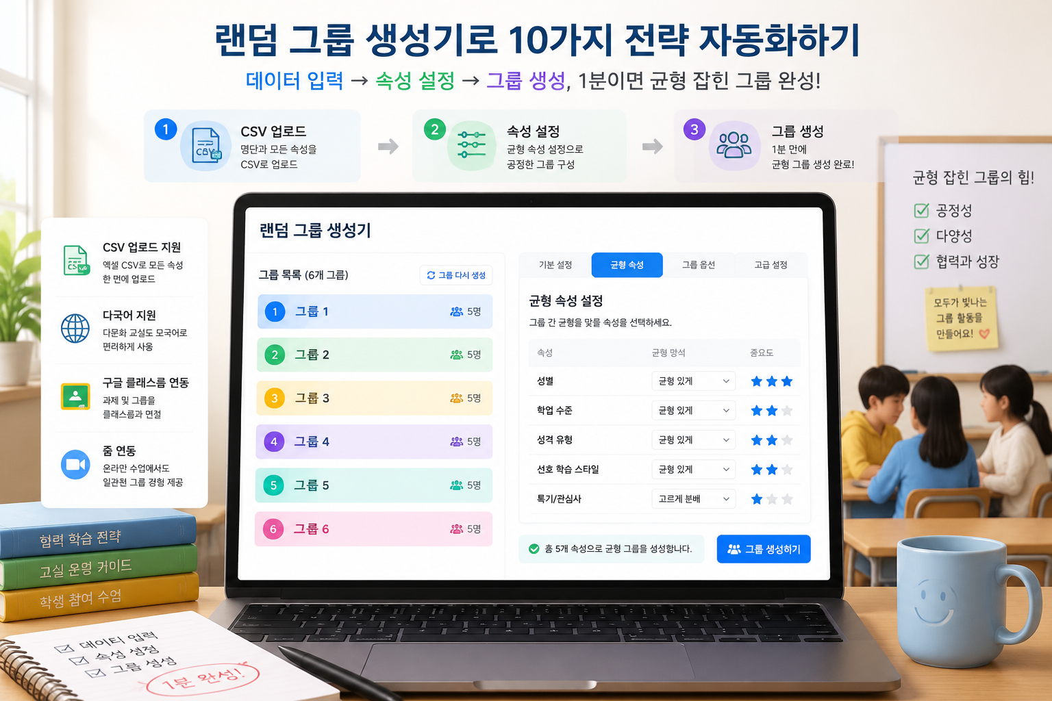 컴퓨터 화면에 랜덤 그룹 생성기 인터페이스가 표시되고, 색상으로 구분된 6개 그룹 목록과 균형 속성 탭이 강조된 깔끔한 웹 UI 일러스트레이션