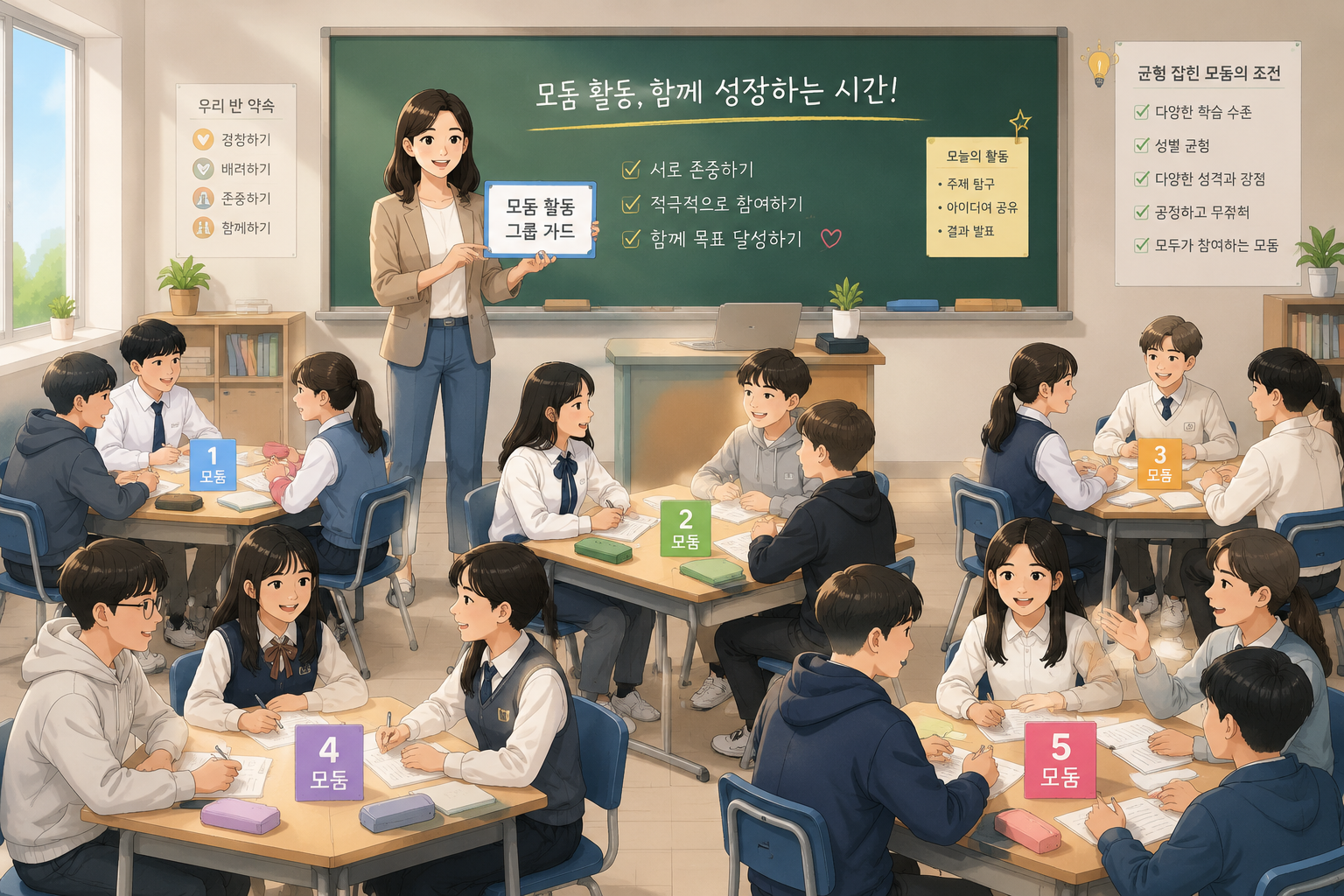 교실에서 칠판 앞에 선 교사가 모둠 활동 그룹 카드를 들고 있고, 학생들이 다섯 개 그룹으로 나뉘어 앉아 있는 모습을 담은 밝고 깔끔한 일러스트레이션