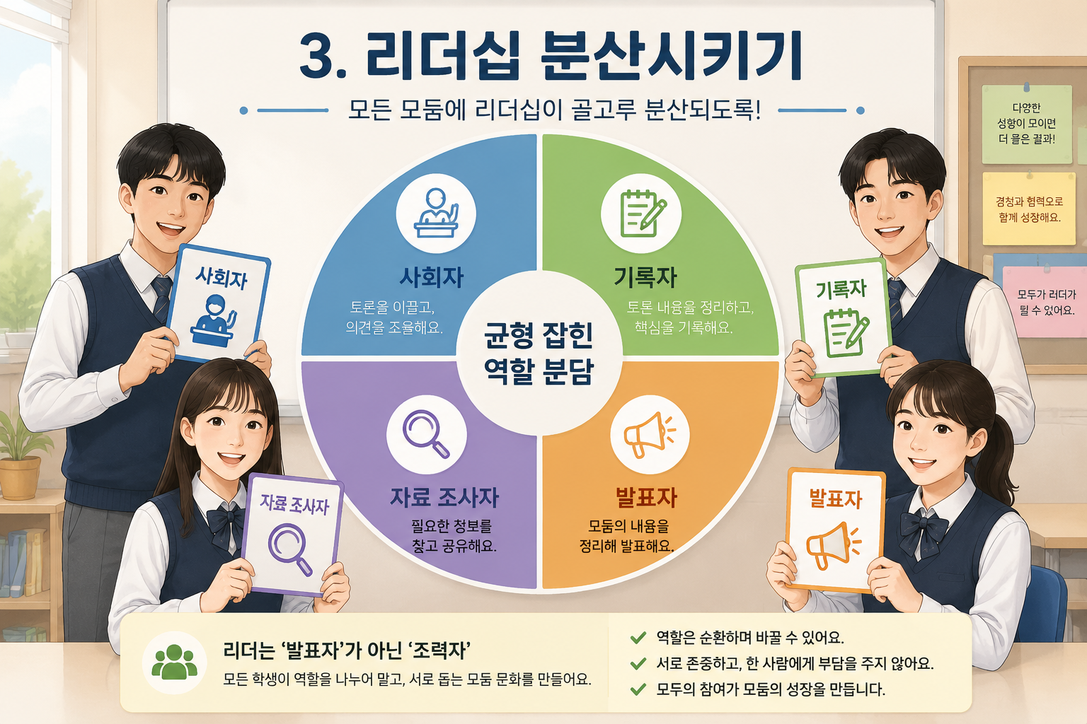 네 명의 학생이 각각 사회자, 기록자, 발표자, 자료 조사자 역할 카드를 들고 선명한 원형 다이어그램으로 역할이 표시된 단순한 학습 일러스트레이션