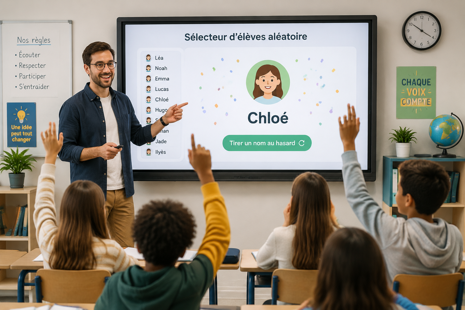 illustration d'un enseignant debout devant un tableau numérique affichant un sélecteur d'élèves aléatoire, des élèves lèvent la main