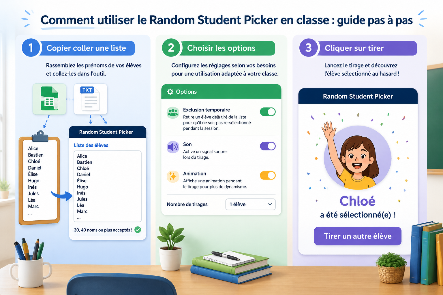 étapes pour utiliser le random student picker : copier-coller une liste, choisir les options, cliquer sur tirer
