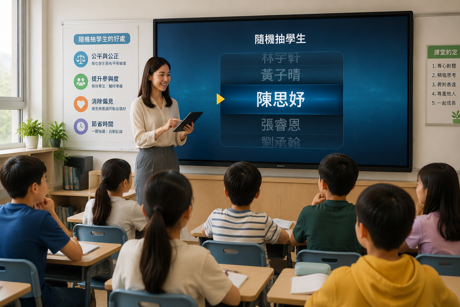 一位教師在教室前方使用平板操作隨機抽學生工具，大螢幕上浮現出正在滾動的學生姓名，全班學生面帶期待與專注。