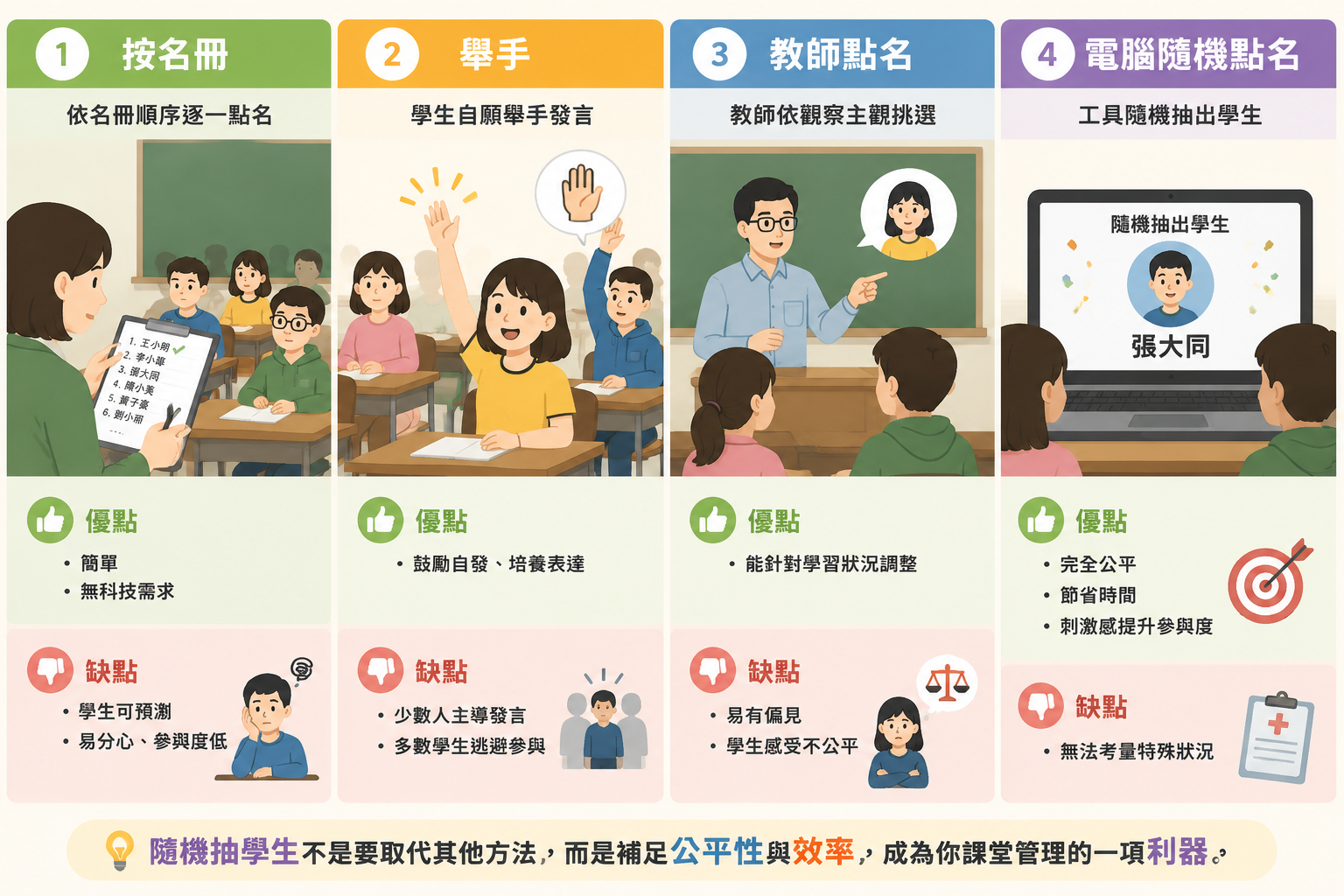 四格比較插圖，分別描繪按名冊、舉手、教師點名、電腦隨機點名四種方式，用簡單人像與符號呈現差異。