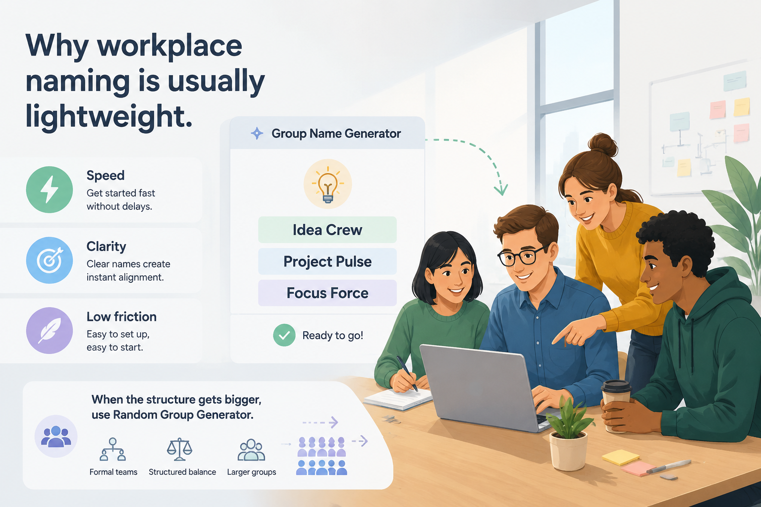 editorial article hero illustration about Why workplace naming is usually lightweight. Section context: Group Name Generator is strongest when the task depends on speed, clarity, and a low-friction setup. It removes the logistics step so the activity can begin