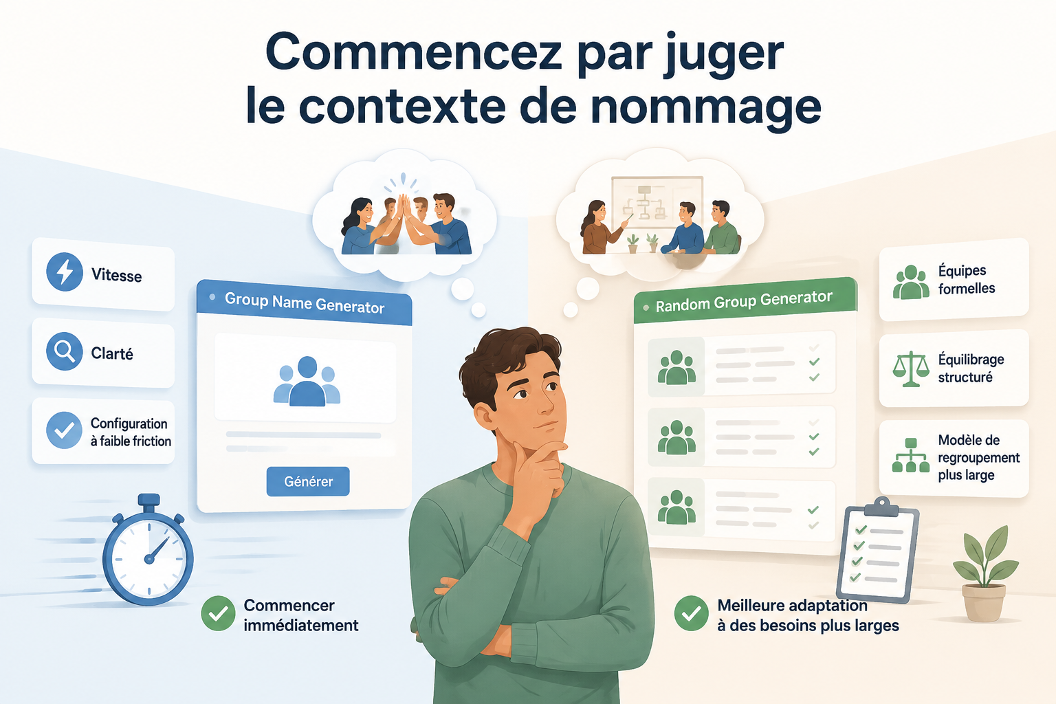 editorial article hero illustration about Commencez par juger le contexte de nommage. Section context: Group Name Generator est le plus fort quand la tâche dépend de la vitesse, de la clarté et d’une configuration à faible friction. Il élimine l’étape logistiq