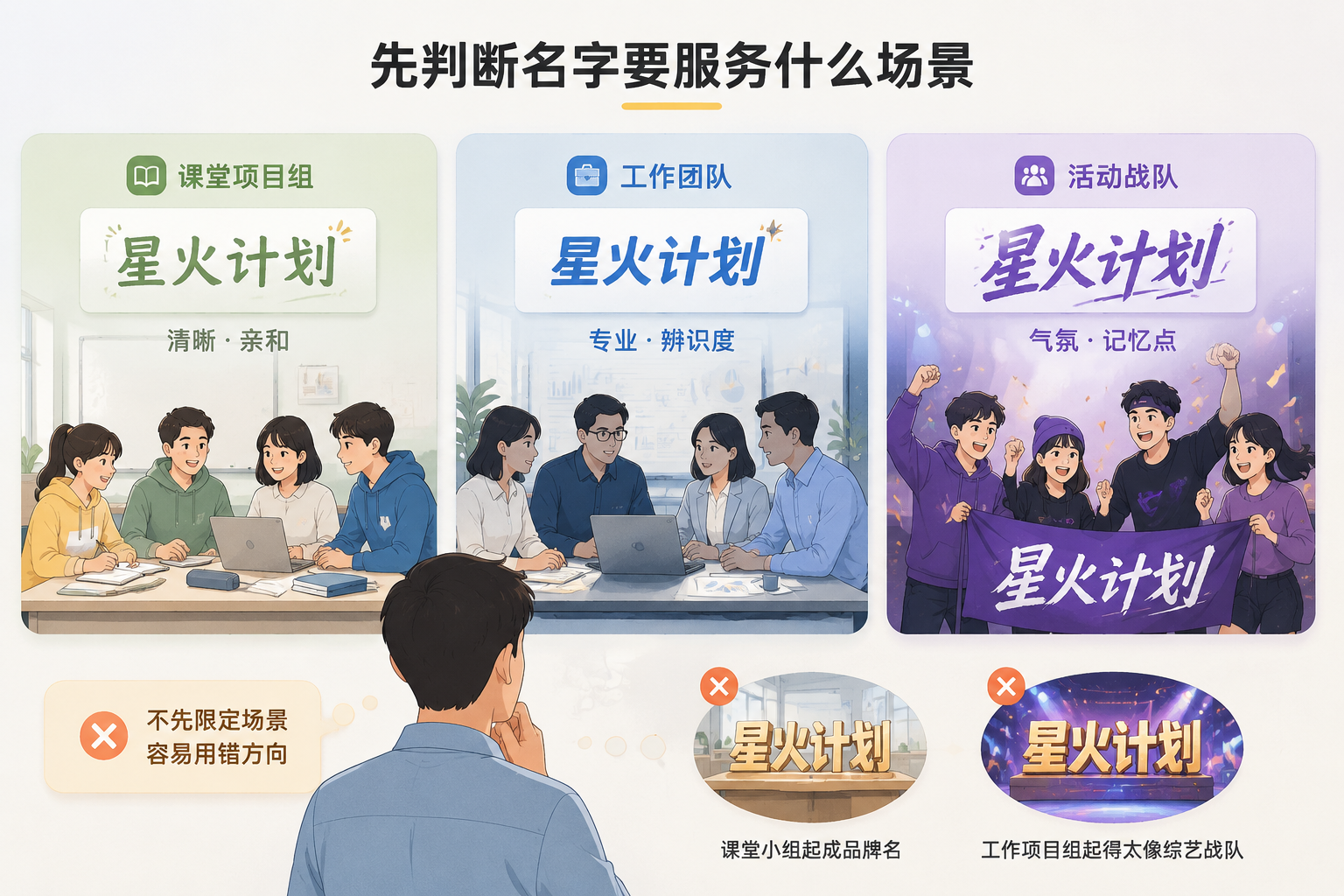 editorial article hero illustration about 先判断名字要服务什么场景. Section context: 课堂项目组更看重清晰和亲和，工作团队更看重专业和辨识度，活动战队则更需要气氛和记忆点。同样一个名字，放在不同场景里感受会完全不同。 如果一开始不先限定场景，就很容易把课堂小组起成品牌名，或者把工作项目组起得太像综艺战队。, locale zh, soft light, minimal text, clear subject, web article image