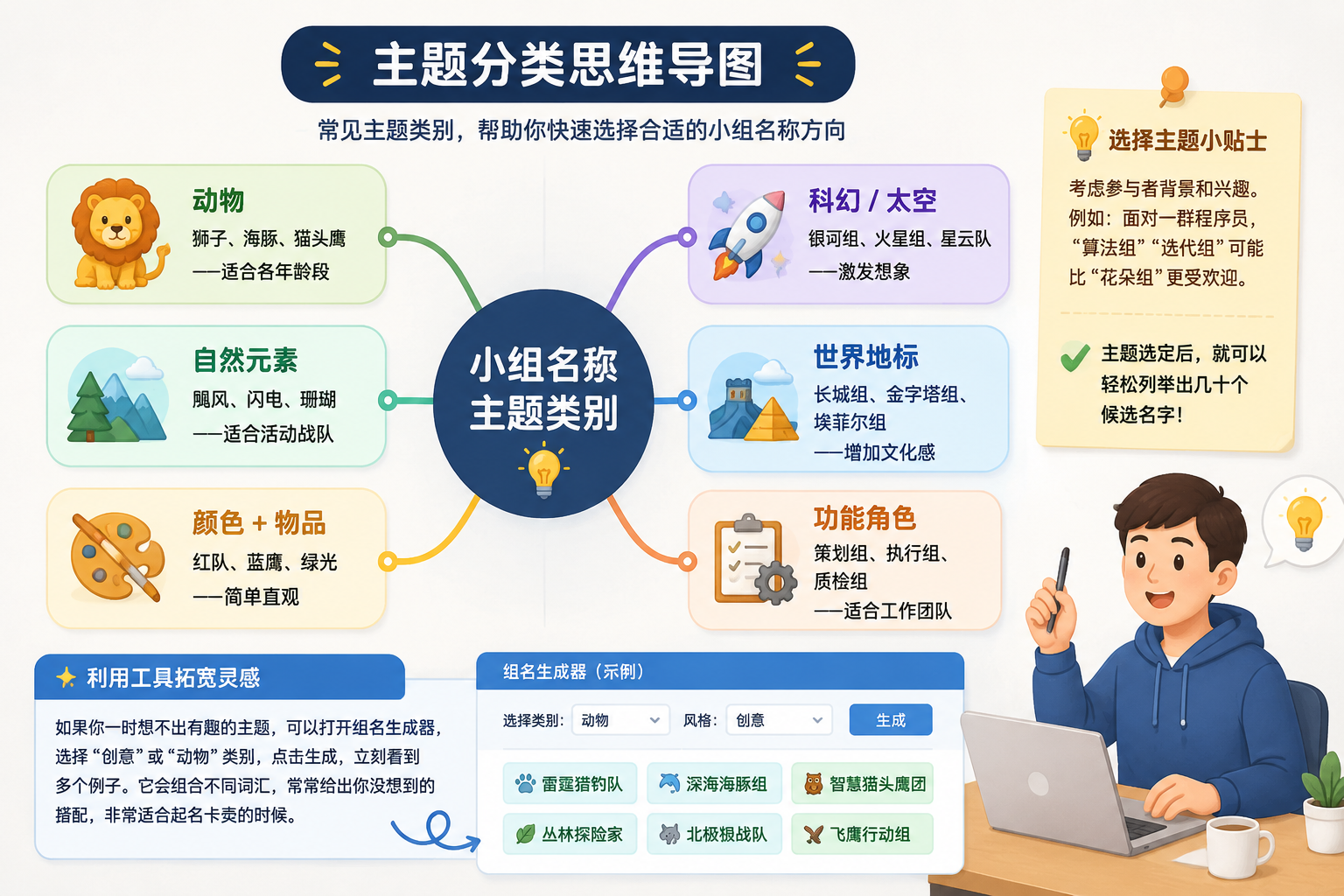 主题分类思维导图，显示小组名称常见主题类别，如动物、自然、科幻、食物等，配以简单图标，帮助用户快速选择。