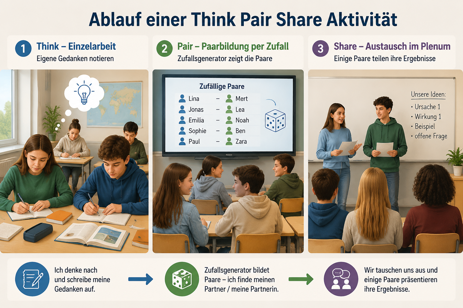 Schaubild: Ablauf einer Think-Pair-Share-Aktivität – Einzelarbeit, dann Paarbildung per Zufallsgenerator, anschließend Austausch im Plenum.