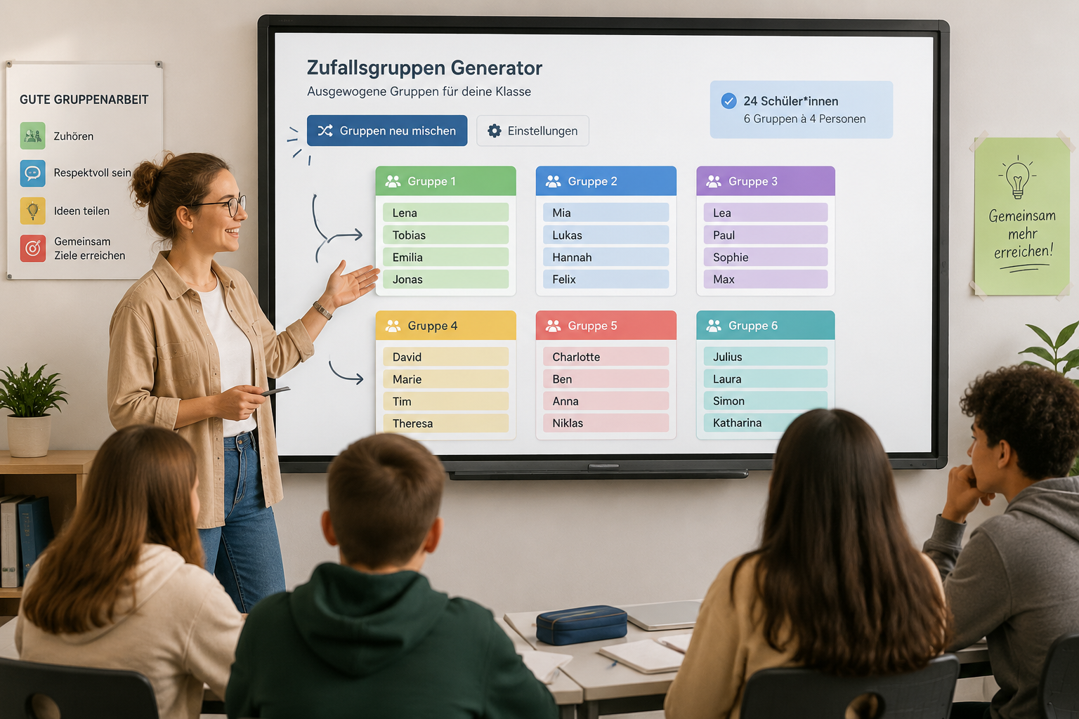 Lehrkraft steht vor interaktivem Whiteboard, auf dem die Oberfläche eines Zufallsgruppen-Generators läuft, bunte Namenskarten werden automatisch zu kleinen Teams zusammengestellt.