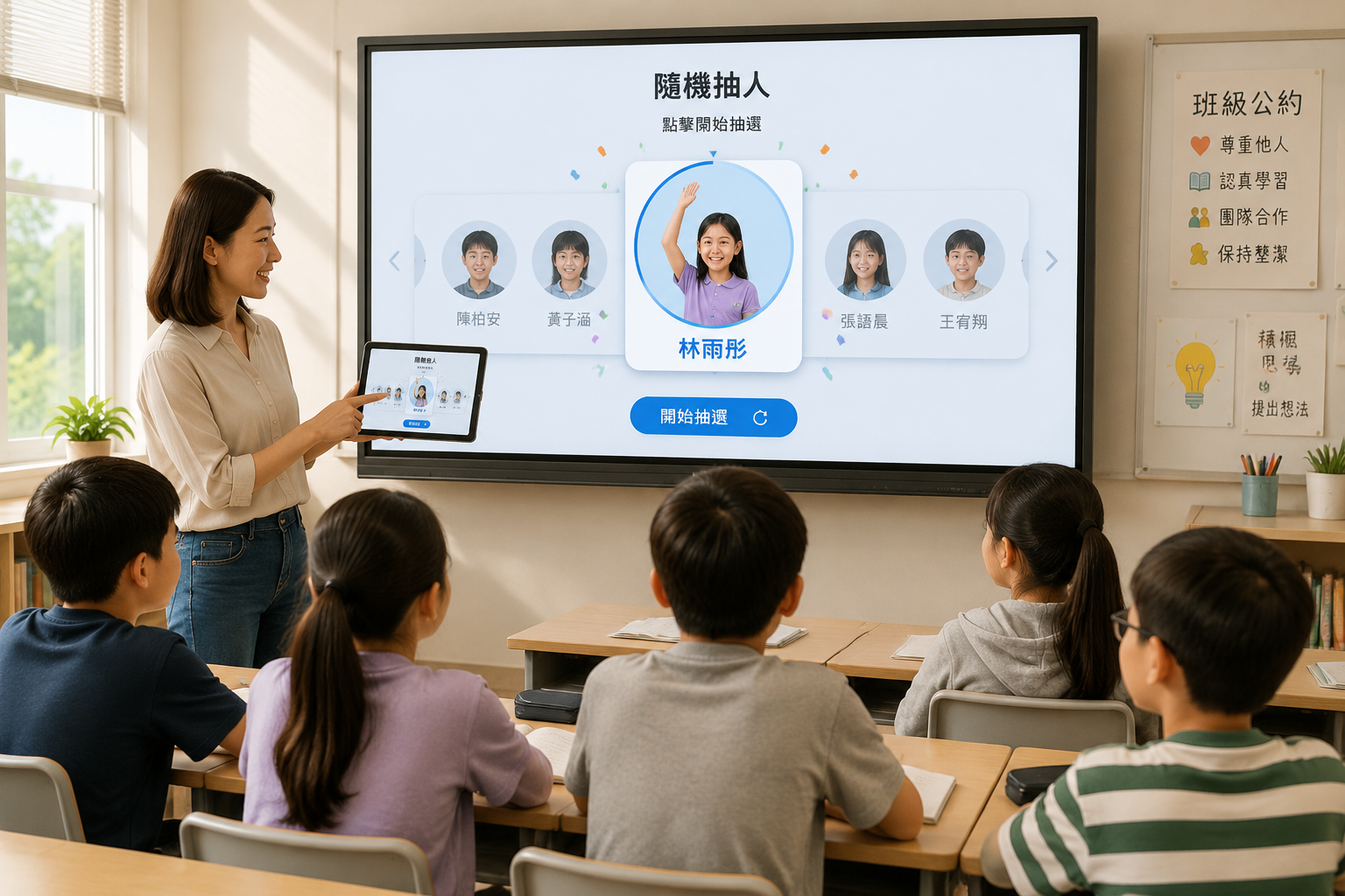 教室裡，一位老師正使用平板螢幕上的隨機抽人介面，學生的頭像及名字在輪播，最後停在一位舉手微笑的學生身上，周圍學生都專注地看著螢幕，明亮舒適的教室光線