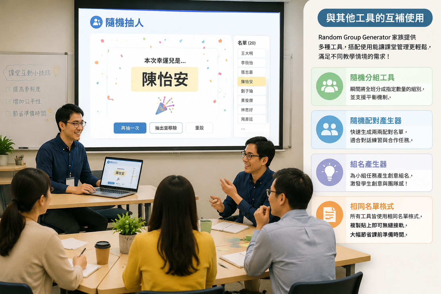 一個教師在研習場合使用筆電操作隨機抽人工具，身旁的投影螢幕上顯示著色彩繽紛的抽選畫面，在座老師們微笑討論，情節輕鬆活潑