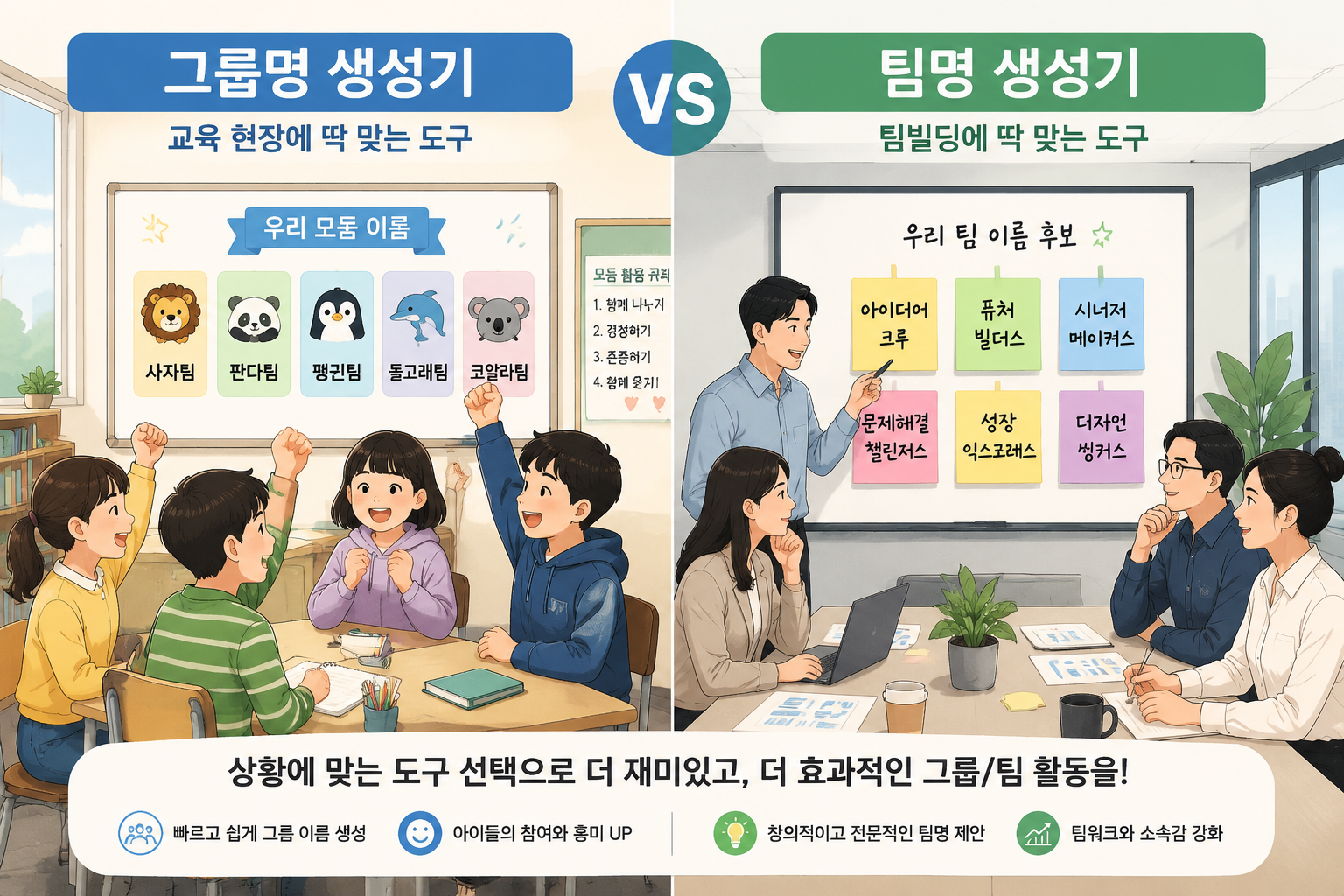 두 개의 패널로 나뉜 비교형 일러스트레이션. 왼쪽은 교실에서 어린이들이 동물 아이콘이 붙은 조 이름을 보고 기뻐하는 모습, 오른쪽은 사무실에서 성인들이 창의적인 팀명을 보며 논의하는 장면. 조명은 밝고 깔끔한 학습용 스타일.