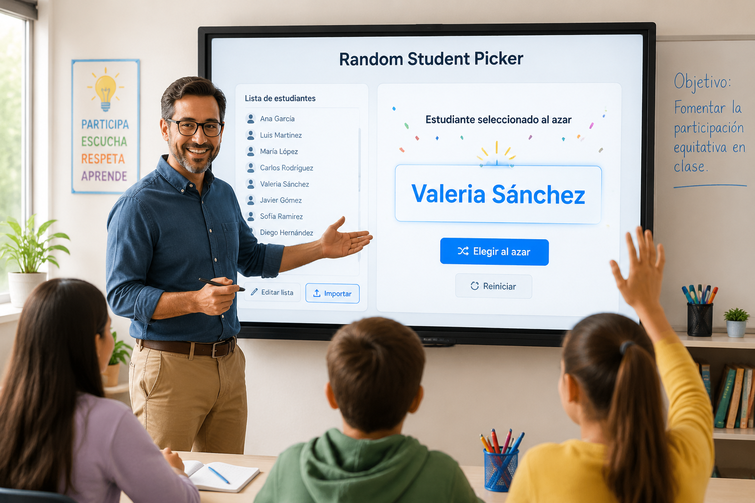 Profesor sonriente usando una pantalla interactiva donde el Random Student Picker resalta un nombre de alumno seleccionado al azar, con fondo de aula luminosa.