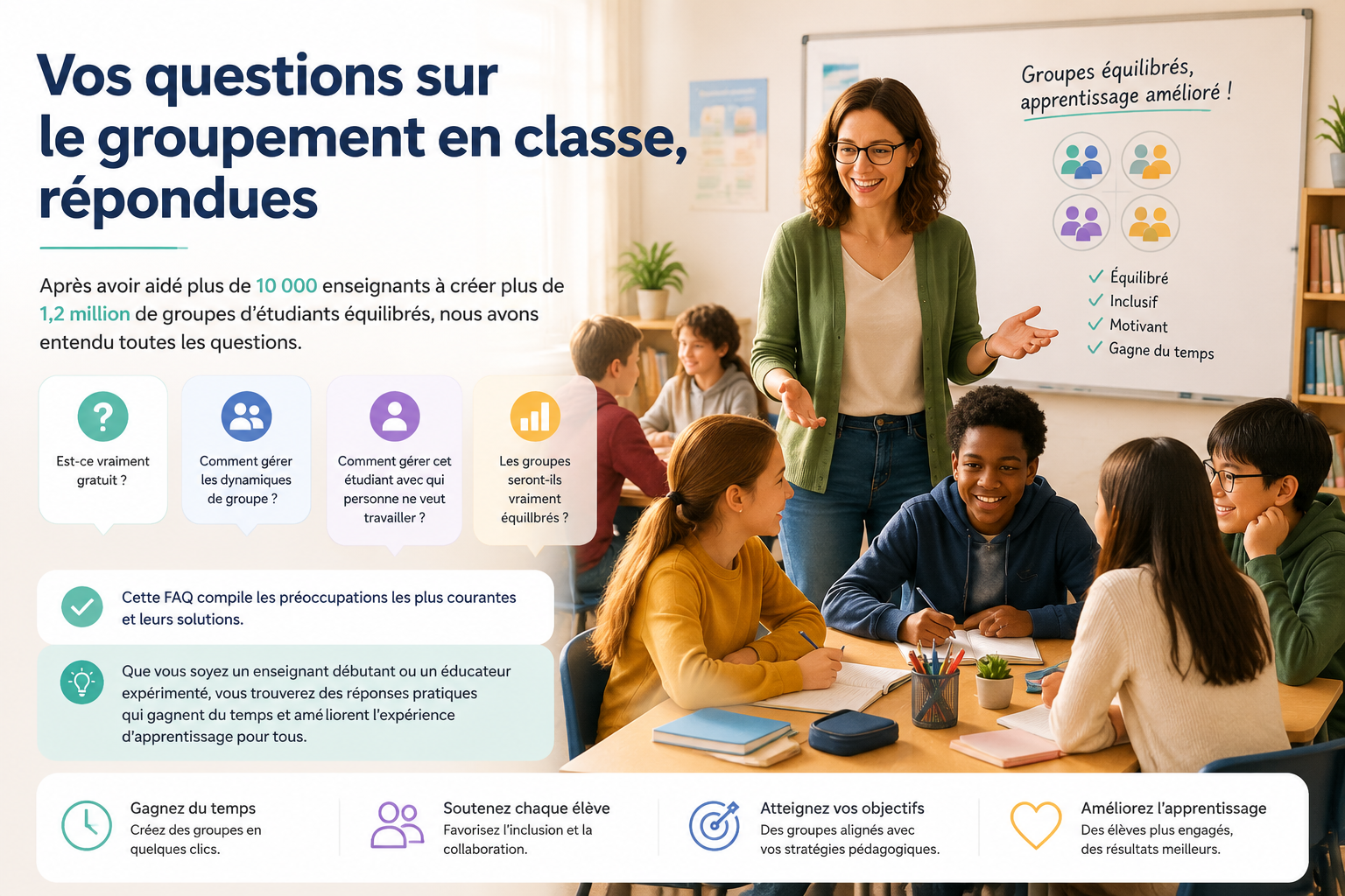 editorial article hero illustration about Vos questions sur le groupement en classe, répondues. Section context: Après avoir aidé plus de 10 000 enseignants à créer plus de 1,2 million de groupes d'étudiants équilibrés, nous avons entendu toutes les questions