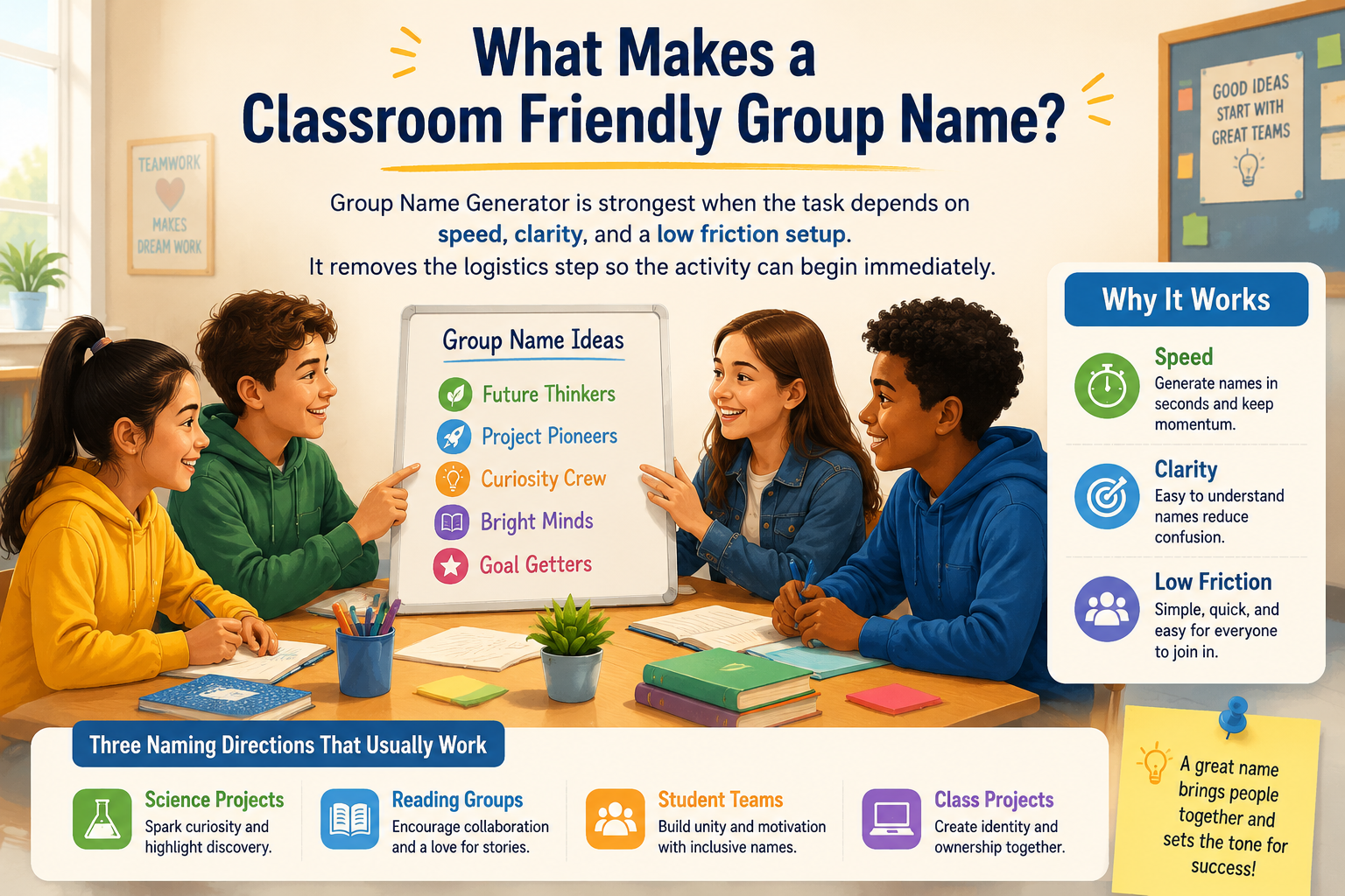 editorial article hero illustration about What makes a classroom-friendly group name. Section context: Group Name Generator is strongest when the task depends on speed, clarity, and a low-friction setup. It removes the logistics step so the activity can begin