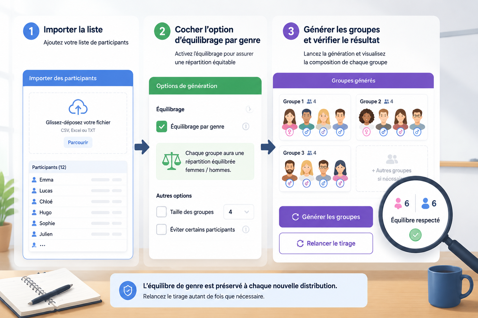 Schéma en trois grandes étapes : importer la liste, cocher l'option d'équilibrage par genre, générer les groupes avec une loupe sur la composition finale mixte.