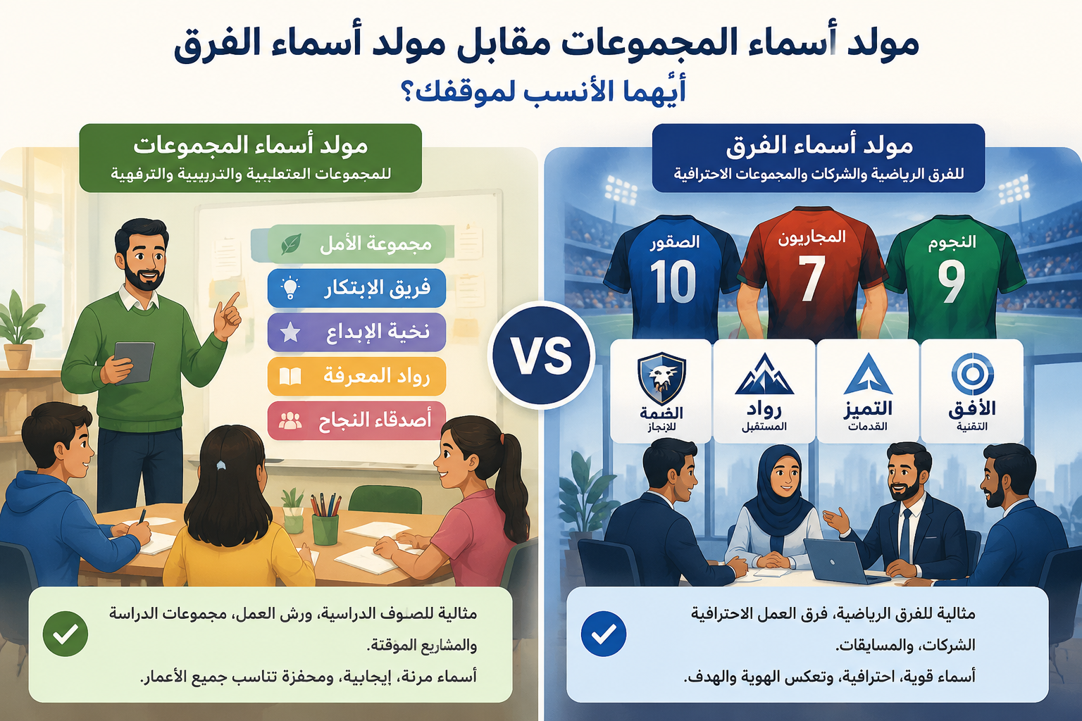 Arabic-style illustration comparing a group name generator (classroom groups with colorful labels) and a team name generator (sports team jerseys and corporate logos), clean instructional style, split panel