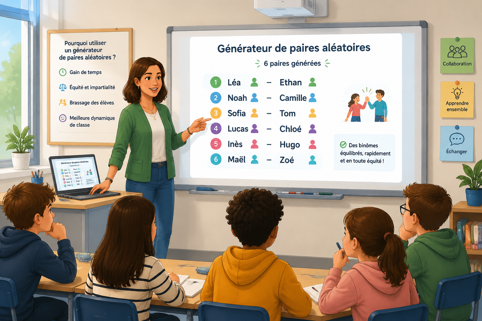 Illustration of a teacher projecting random student pairs onto a whiteboard from a laptop, students looking on with curiosity. Clean instructional style, classroom-friendly.