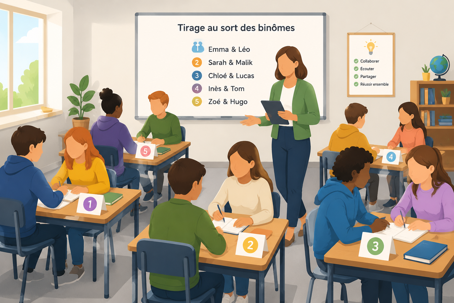 Classroom scene with students sitting in pairs at desks, each pair marked with a random number on a card, teacher walking around. Bright, simple illustration without identifiable faces.