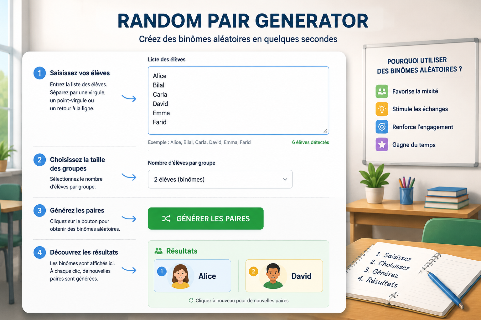 Diagram showing the random pair generator tool: a large input box with student names, a dropdown to select number of students per pair, a generate button, and a result area displaying two randomly matched names.
