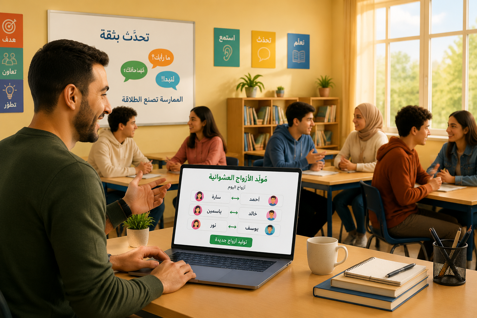 رسم توضيحي لمعلم لغة يستخدم كمبيوتر محمول لعرض أزواج عشوائية على الشاشة، خلفية صفية بألوان دافئة ونوافذ يمر منها الضوء