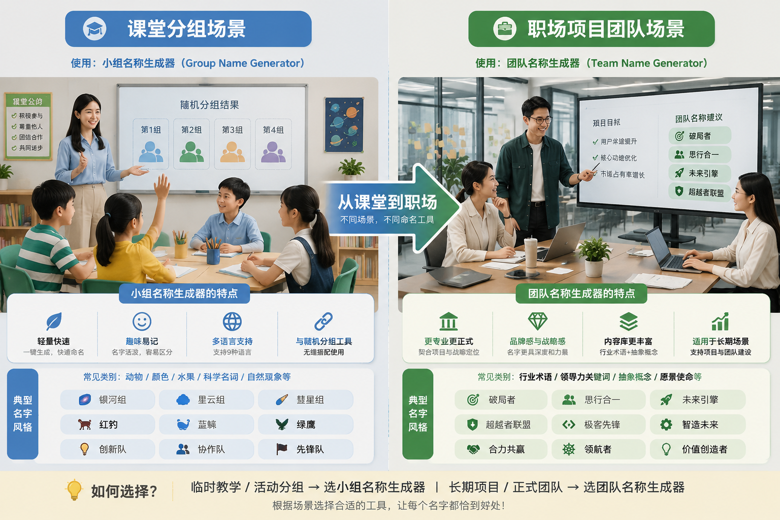 一张左右分割的比较图，左侧为课堂分组场景，右侧为职场项目团队场景，中间用箭头连接，展示不同命名工具的使用背景