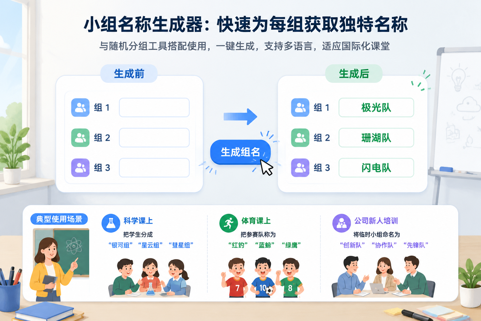 一个简洁的界面示意图：左侧列出组1、组2、组3的空白名称栏，右侧点击“生成组名”按钮后，名称栏自动填充为“极光队”“珊瑚队”“闪电队”