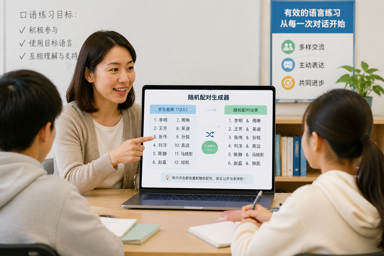 教师在电脑上展示随机配对生成器界面,学生名字列表被随机两两匹配,界面风格简洁清晰