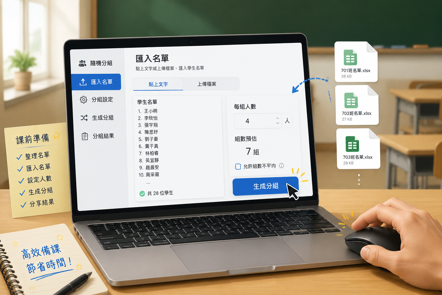 筆電螢幕顯示匯入名單的介面，旁邊有幾個準備好的班級檔案圖示，滑鼠點擊匯入按鈕