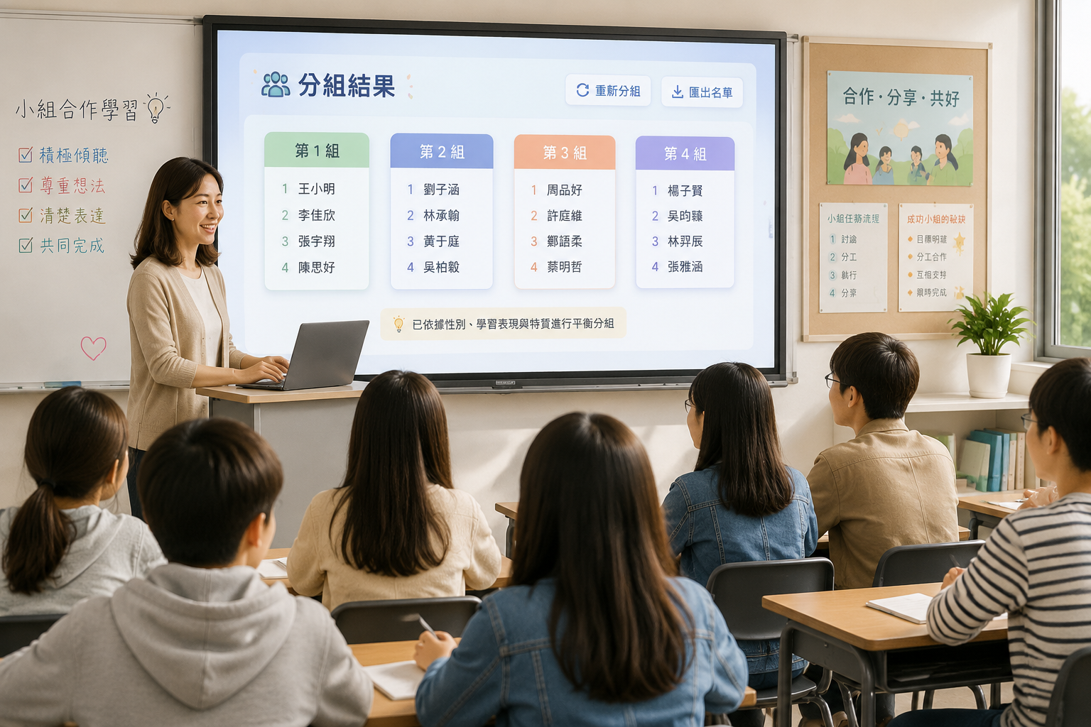 教師在互動白板前操作筆電，螢幕顯示分組結果頁面，學生在座位看向前方，教室氛圍明亮輕鬆