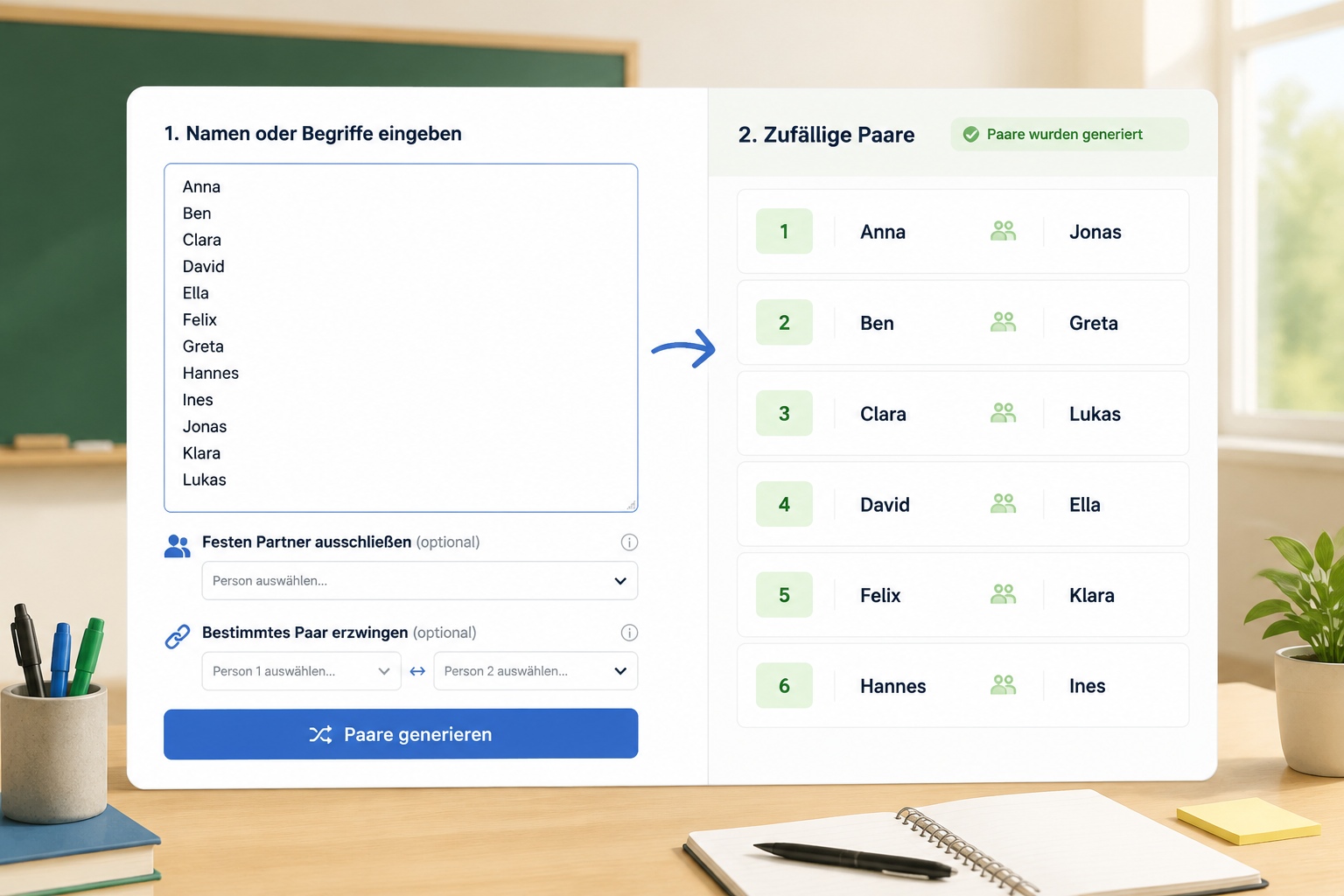 Ein reduziertes Mockup der Benutzeroberfläche des Zufallspaar-Generators. Links ein Textfeld mit eingetragenen Namen, rechts eine Ergebnisliste mit klar formatierten Paarnummern.
