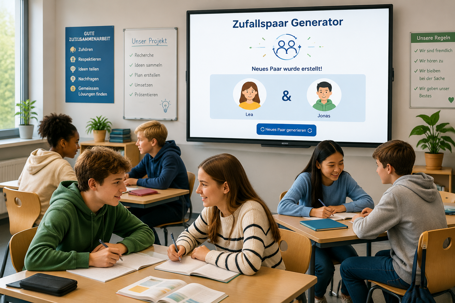 Eine ruhige Klassenzimmerillustration mit einer Gruppe von Schülerinnen und Schülern, die in zufällig gebildeten Paaren an einem Projekt arbeiten. Ein Bildschirm zeigt den Zufallspaar-Generator mit einem frisch erzeugten Paar an.
