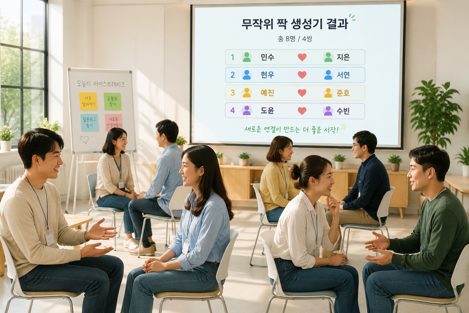 밝은 워크숍 공간에서 참가자들이 둘씩 마주 앉아 이야기를 나누는 모습, 한쪽 벽면 스크린에는 무작위 짝 생성기 결과가 표시되어 있다