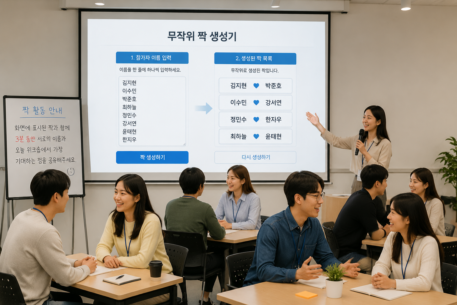 무작위 짝 생성기 화면에 참가자 이름을 입력하고 결과로 나온 짝 목록이 표시되는 모식도, 워크숍 공간에 프로젝터로 비춰지고 있다
