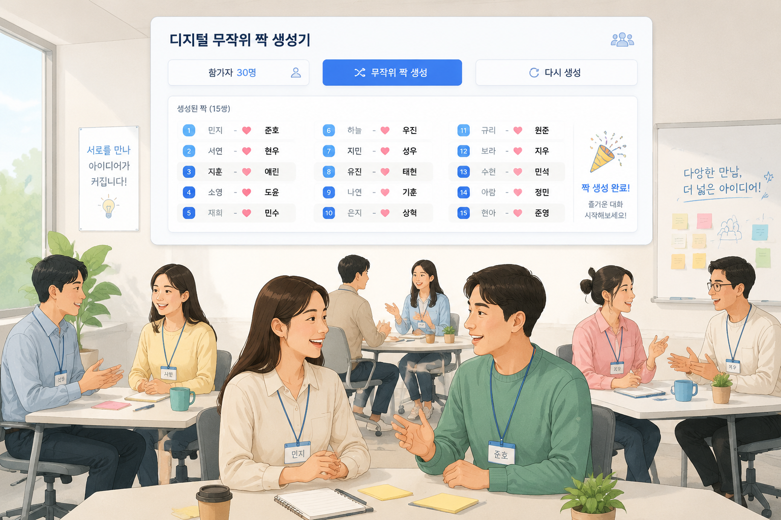 워크숍 참가자들이 둘씩 짝을 지어 웃으며 대화하는 모습을 밝은 색감의 일러스트로 표현, 화면 상단에는 디지털 무작위 짝 생성기 인터페이스가 떠올라 있다