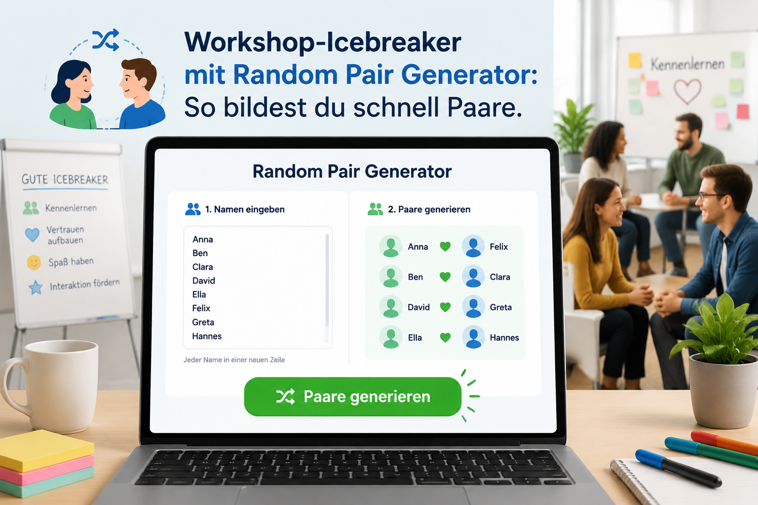 Stilisierte Benutzeroberfläche des Random Pair Generators mit einer eingetragenen Namensliste und einem großen Button zur Paarbildung. Die Farbgebung ist clean und workshopfreundlich.