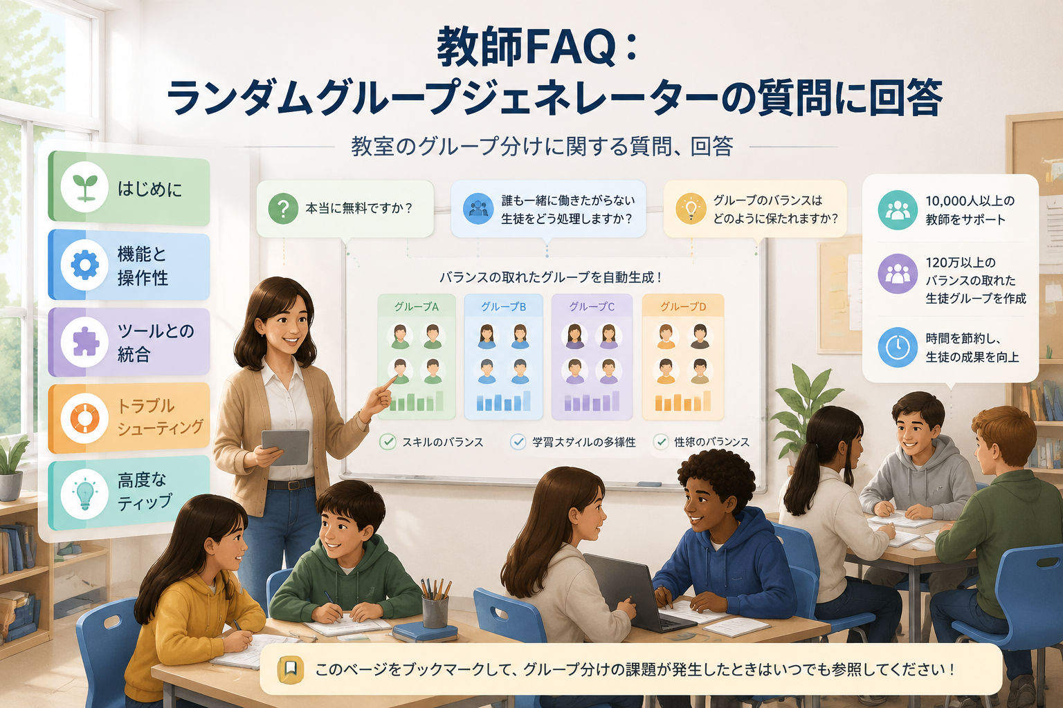 editorial article hero illustration about 教室のグループ分けに関する質問、回答. Section context: 10,000人以上の教師が120万以上のバランスの取れた生徒グループを作成するのを支援してきた結果、ランダムグループ生成に関するあらゆる質問を耳にしてきました。「本当に無料ですか？」から「誰も一緒に働きたがらない生徒をどう処理しますか？」まで、このFAQでは最も一般的な懸念とその解決策をまとめています。 グループワークを初めて経験する1年目の教師であっても、ワ