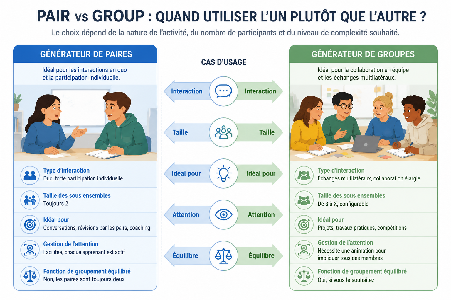 Schéma comparatif montrant à gauche deux silhouettes représentant une paire et à droite quatre silhouettes formant un groupe, avec des flèches expliquant les cas d’usage.