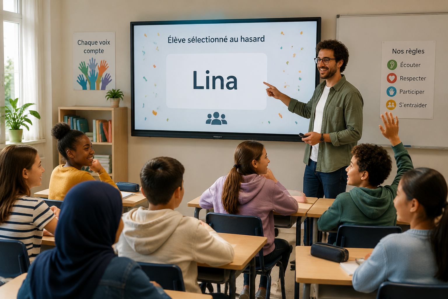 illustration d'une salle de classe lumineuse, un enseignant montre un écran avec le nom d'un élève choisi aléatoirement, les élèves sourient, ambiance inclusive