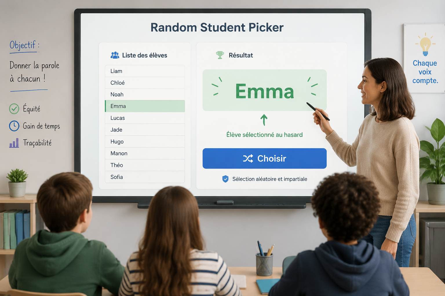interface épurée du Random Student Picker affichant une liste de noms et un bouton « Choisir », avec le résultat « Emma » mis en évidence
