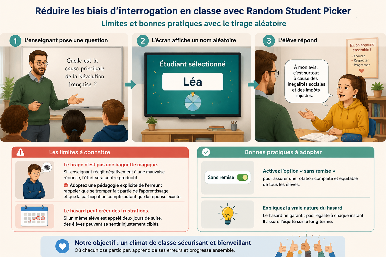 schéma en trois étapes : un enseignant pose une question, un écran affiche un nom aléatoire, l'élève répond avec un dialogue illustré