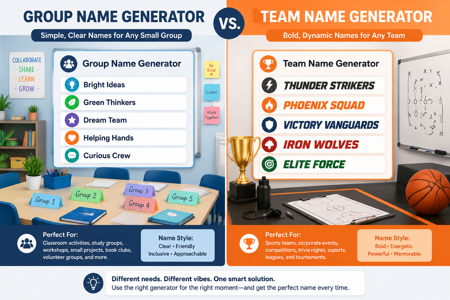A side-by-side illustration comparing a clean classroom-style group name generator on the left and a dynamic sports-style team name generator on the right, highlighting different naming categories.