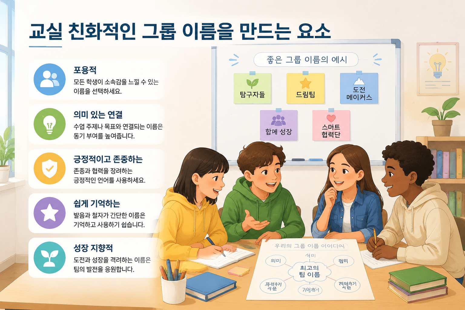 editorial article hero illustration about 교실 친화적인 그룹 이름을 만드는 요소. Section context: Group Name Generator는 작업이 속도, 명확성, 저마찰 설정에 의존할 때 가장 강력합니다. 로지스틱 단계를 제거하여 활동을 즉시 시작할 수 있게 합니다. 작업이 공식 팀, 구조화된 균형, 또는 더 큰 그룹 모델로 확장되면 Random Group Generator가 더 적합한 도구가 됩니다., locale