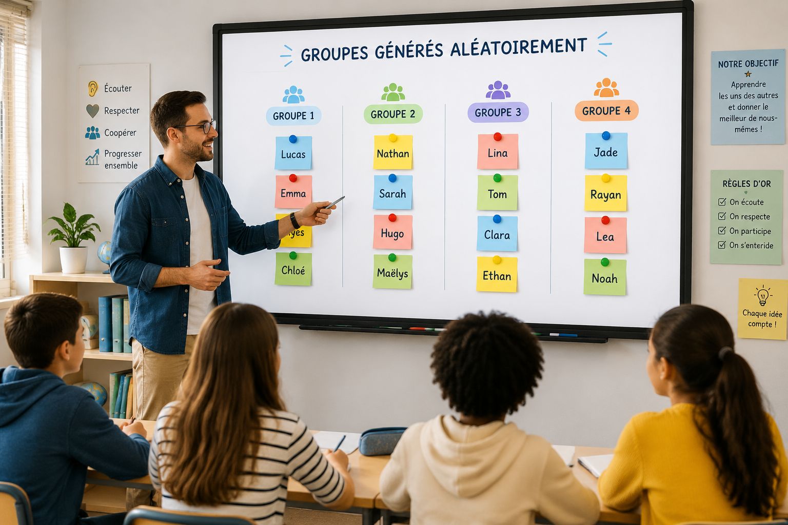 Un enseignant devant un tableau blanc ou interactif affiche des groupes d’élèves générés aléatoirement. Des post-it colorés avec des prénoms sont disposés en colonnes. La scène est lumineuse, propre et adaptée à un cadre scolaire.